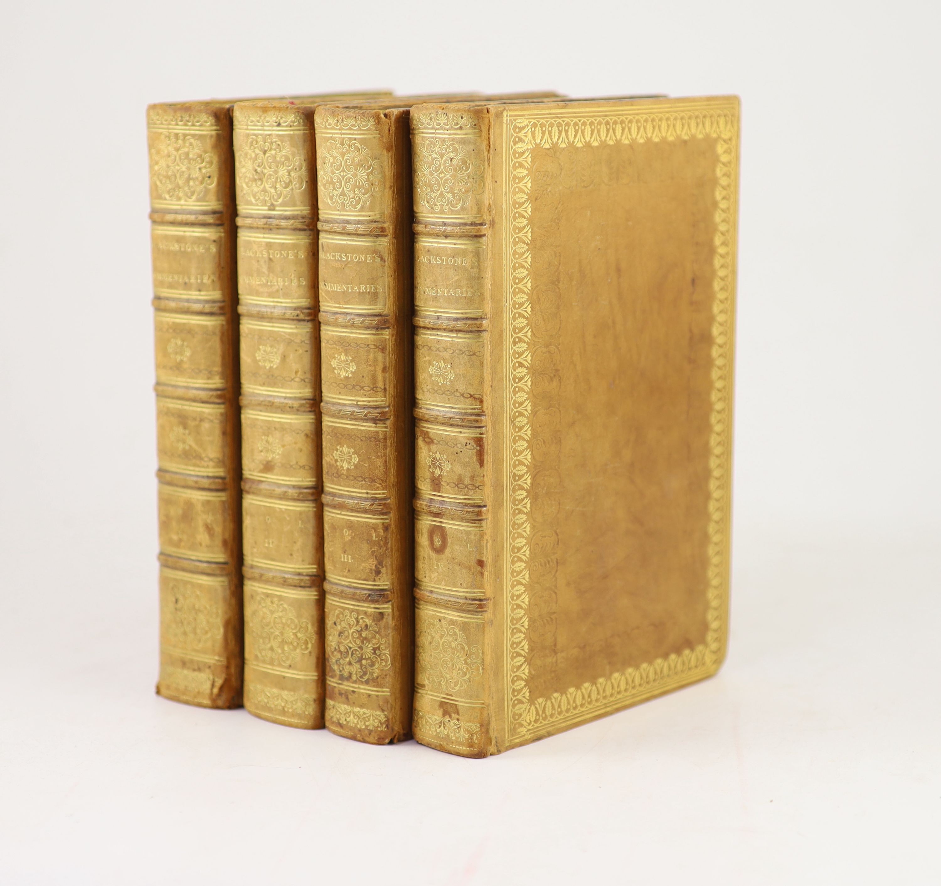 Blackstone, William - Commentaries on the Laws of England…With the last corrections of the author; and with notes and additions by Edward Christian…4 vols.15th edition. Complete with 2 plates, 1 of which is folding. Deco